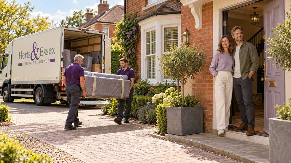Our crew carrying a mattress in to a new home as the homeowners welcome them at the door