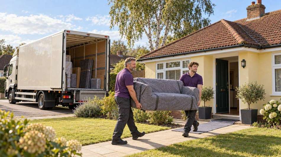 Two of our crew carrying a wrapped sofa into a customer's new home